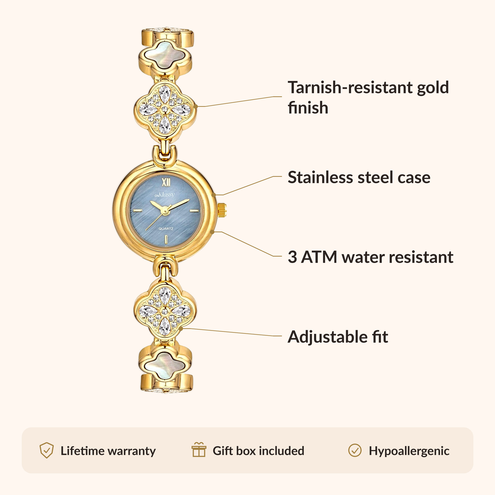 OhKlassy Emily Gold women's vintage-inspired watch, size and features infographic