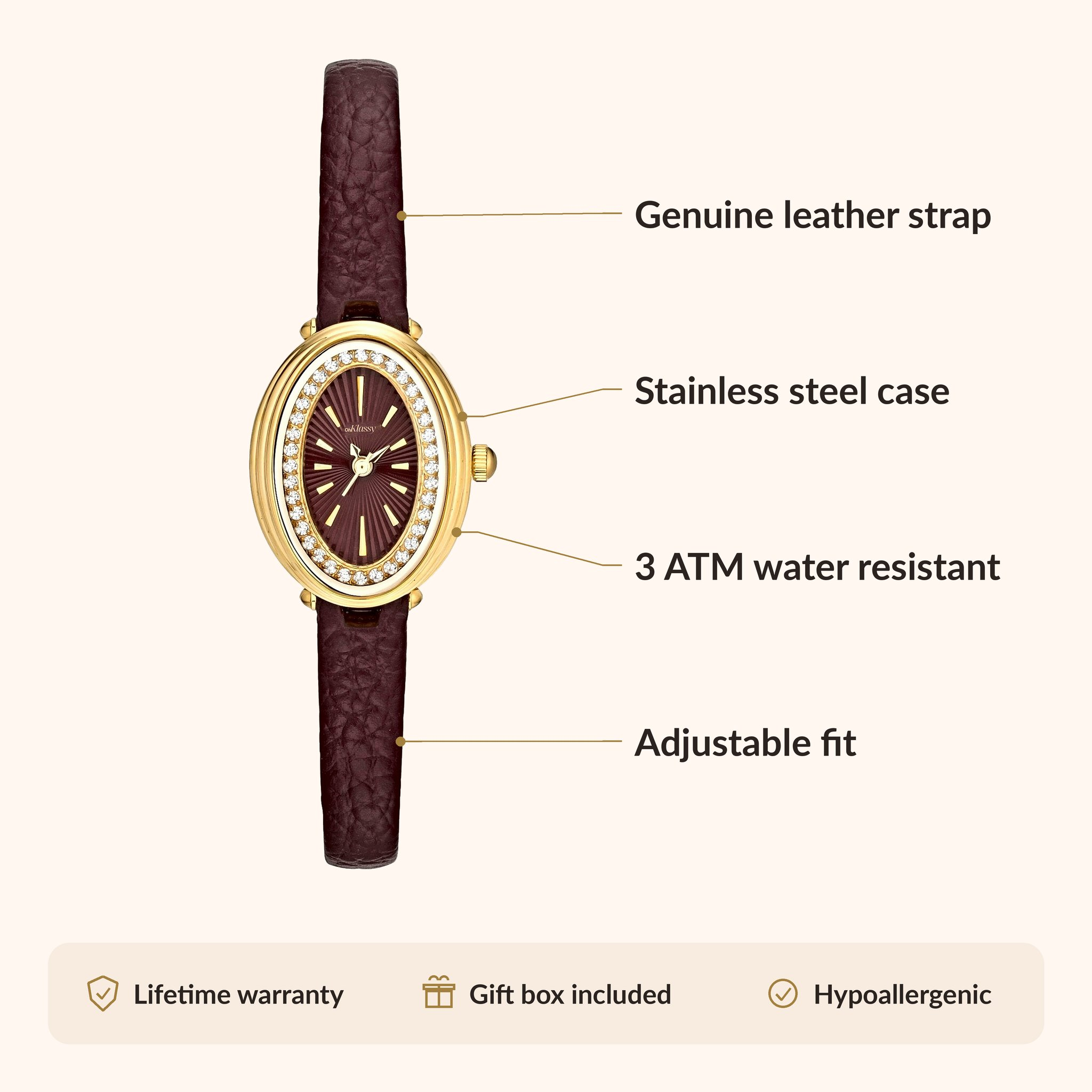 OhKlassy Livia Leder Gold – Vintage-inspirierte Damenuhr: Infografik zu Größe und Funktionen