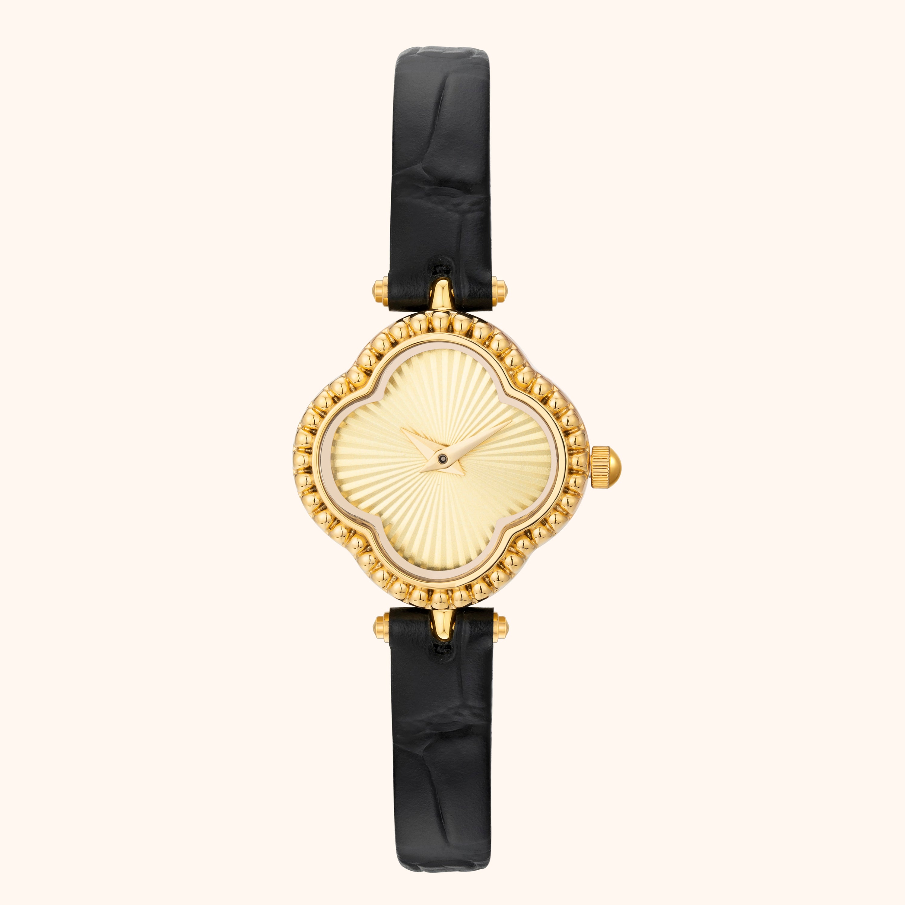 Gold watch with black strap on a white background