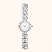 Silver watch with a decorative band on a white background