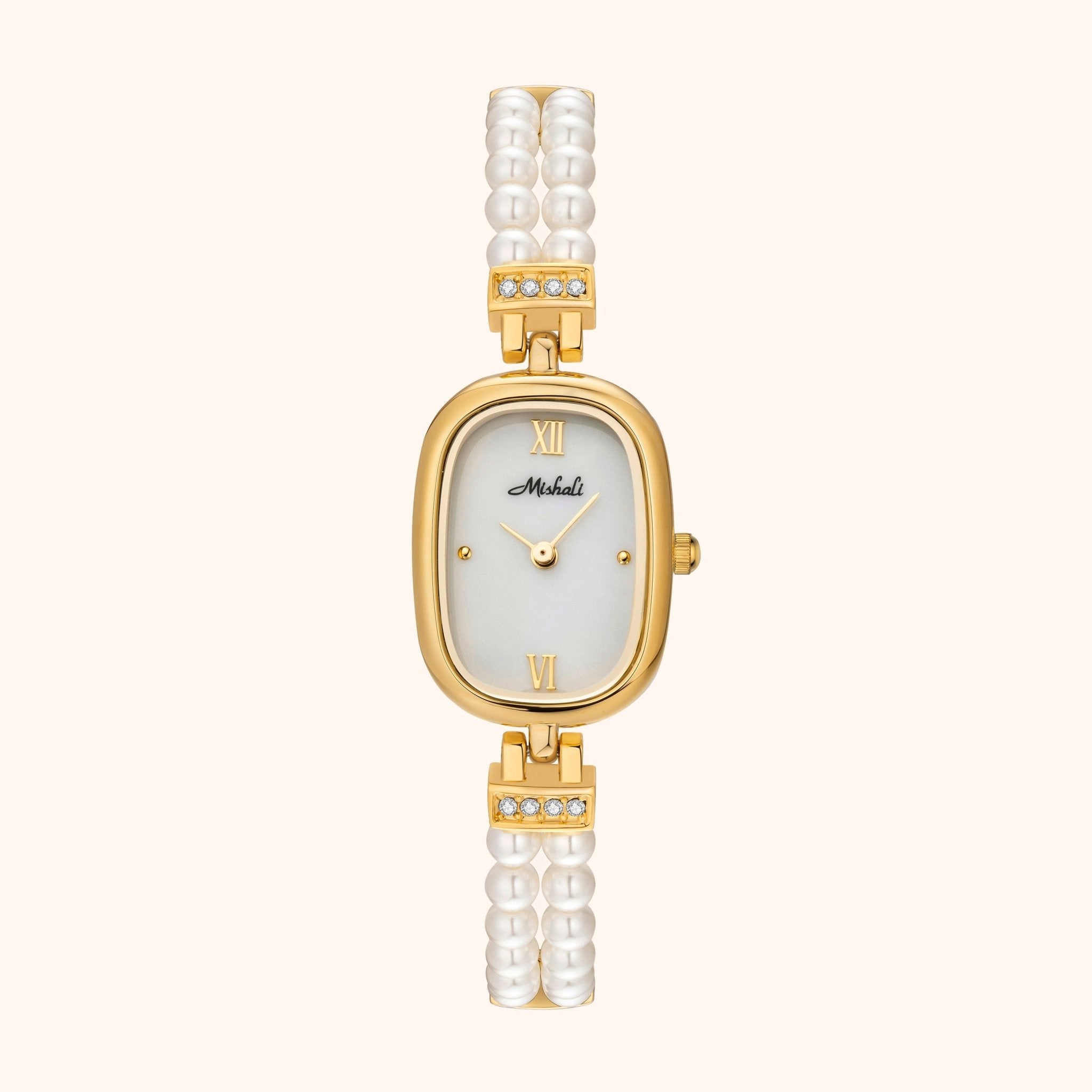 Goud horloge Davina luxe witte achtergrond en echte parel armband