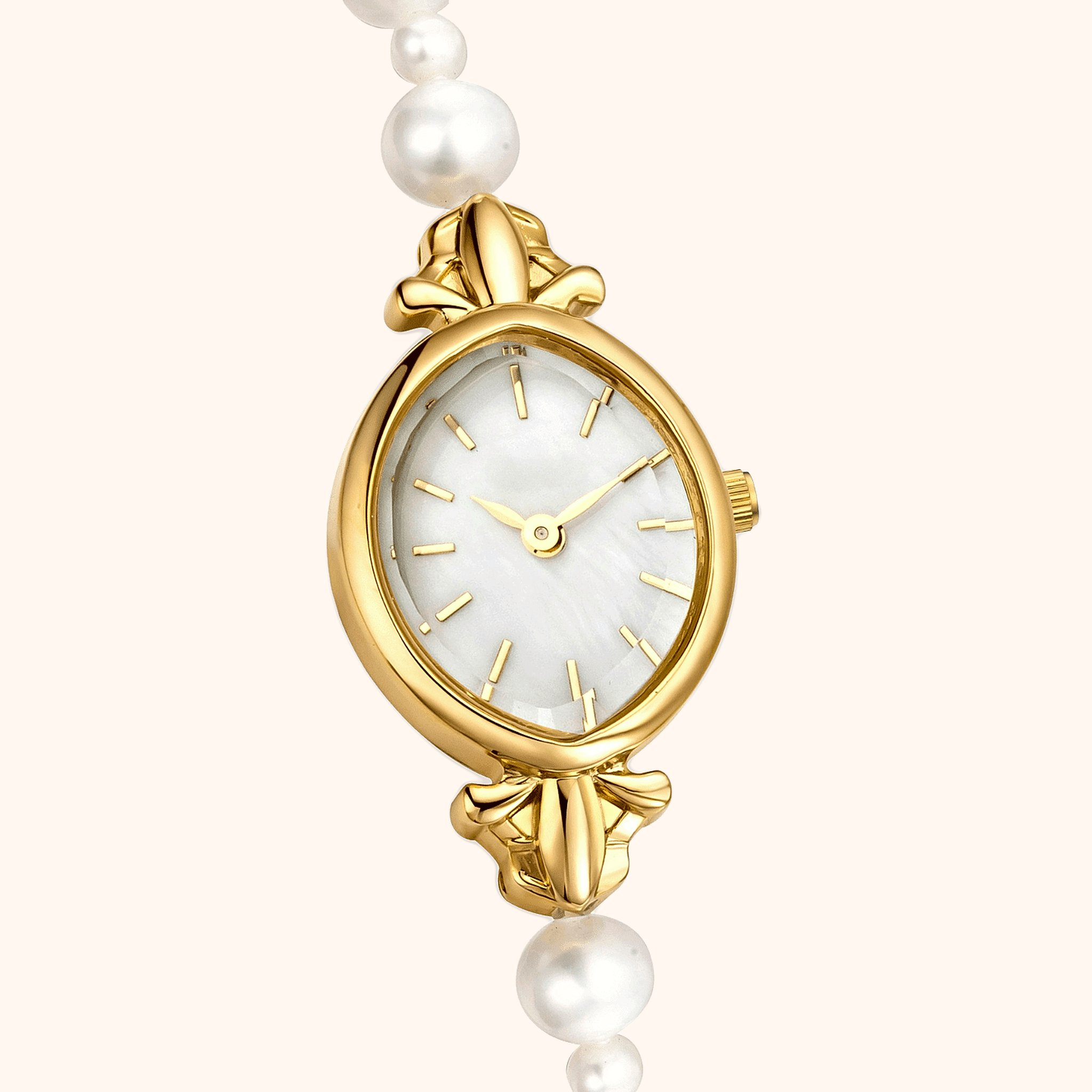 OhKlassy Nina Pearl Gold women's vintage-inspired watch, angled side view