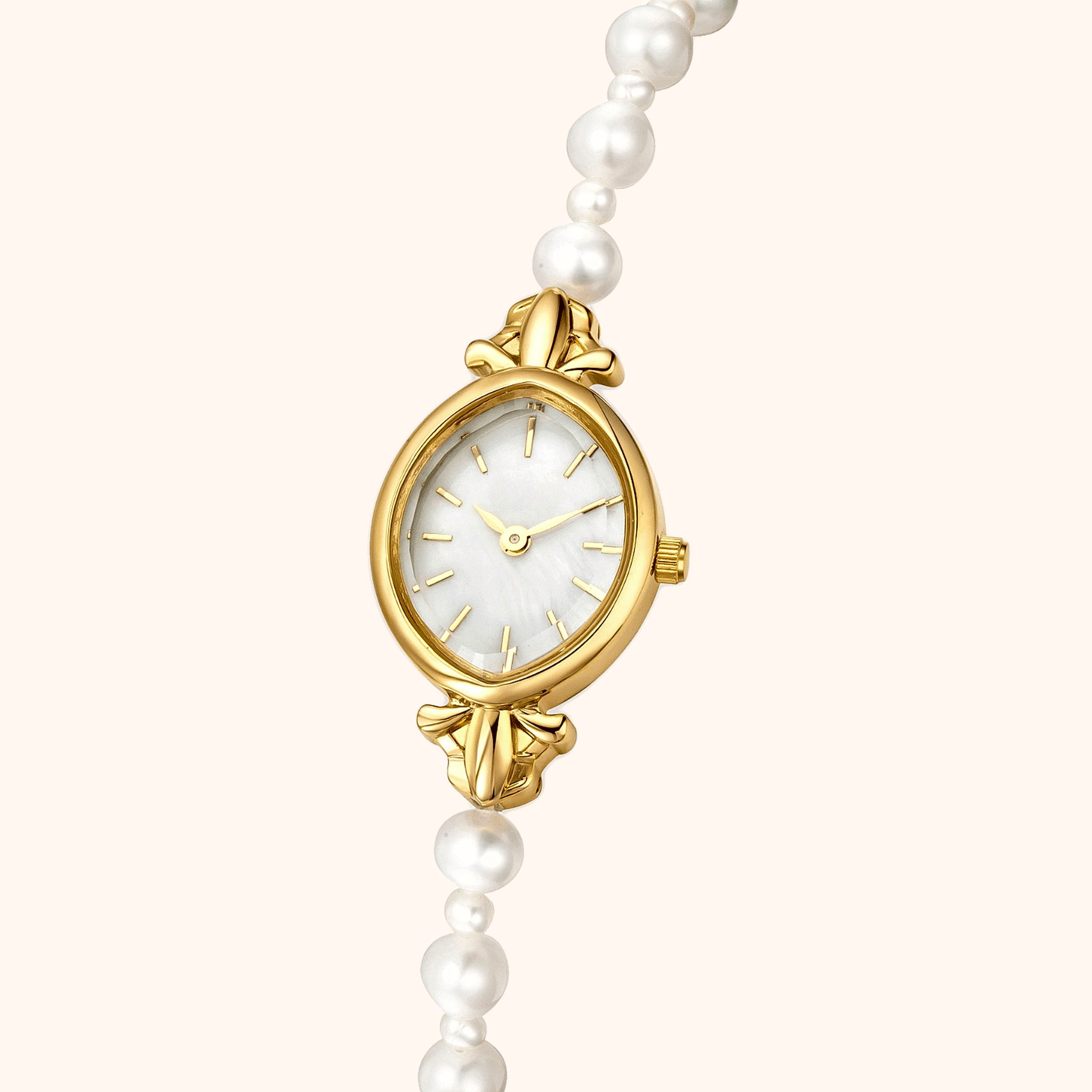 OhKlassy Nina Pearl Gold women's vintage-inspired watch, dial close-up