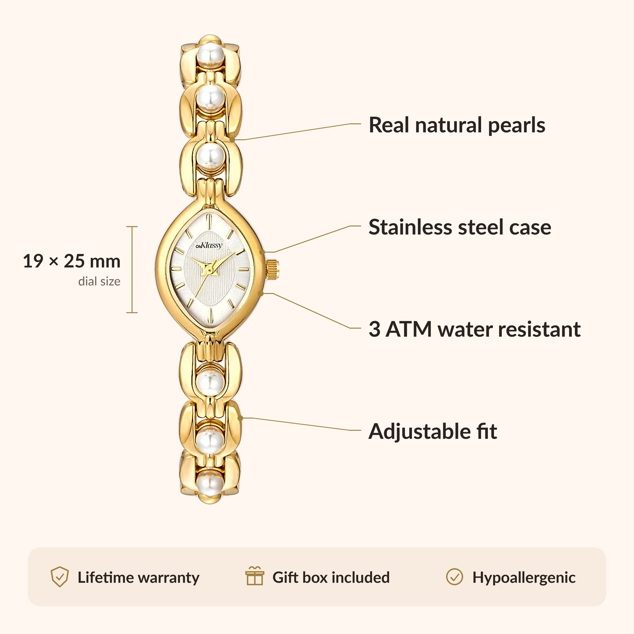 OhKlassy Isara Gold White women's vintage-inspired watch, size and features infographic