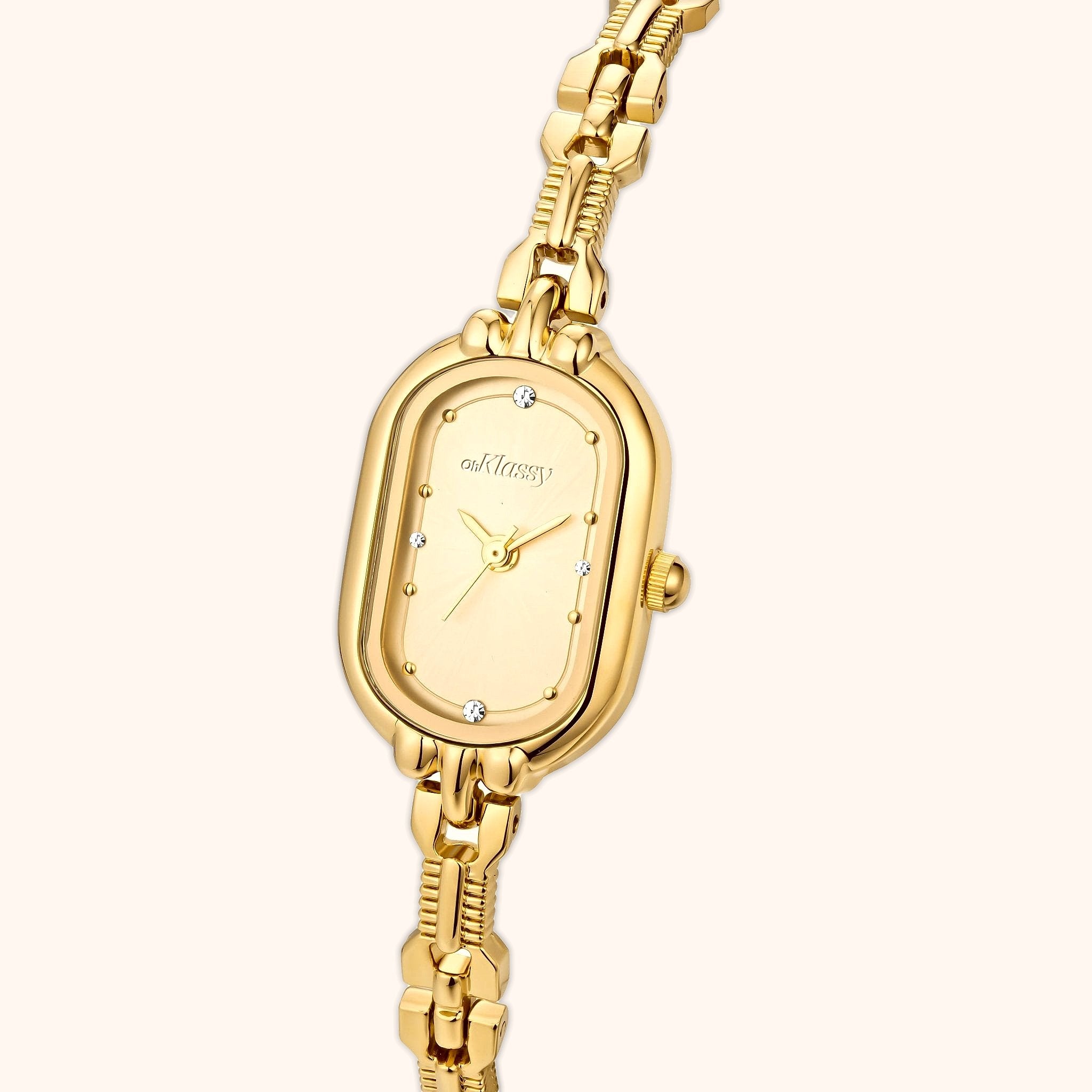 OhKlassy Amara Gold women's vintage-inspired watch, angled side view