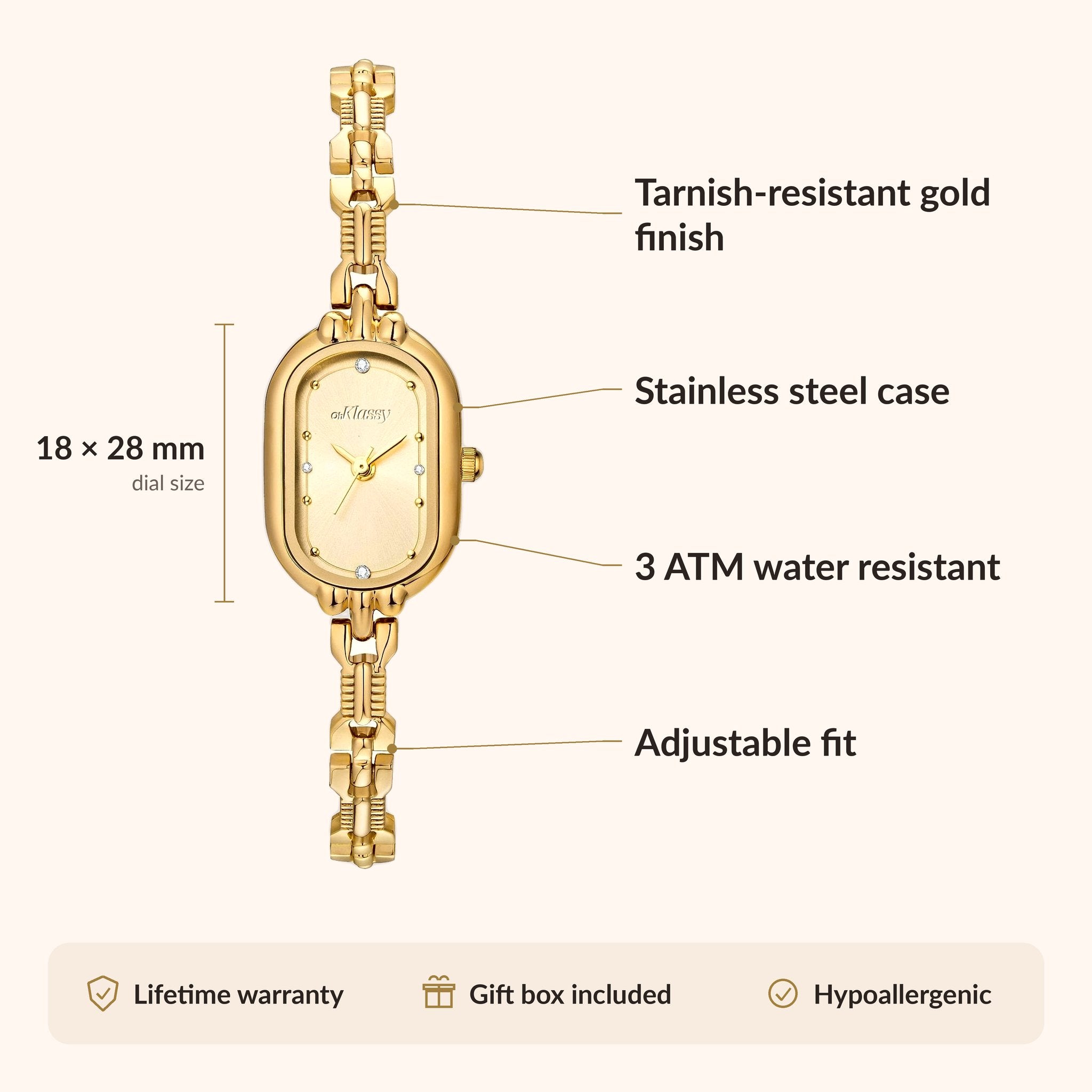 OhKlassy Amara Gold women's vintage-inspired watch, size and features infographic