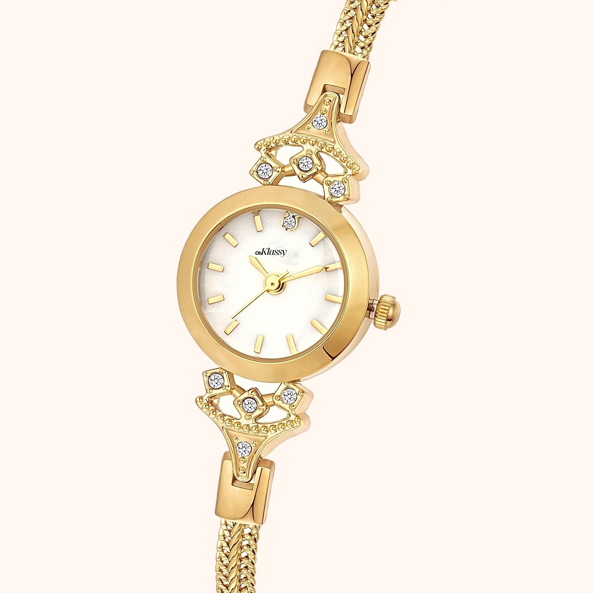 OhKlassy Anastasia Gold women's vintage-inspired watch, dial close-up