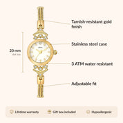 OhKlassy Anastasia Gold women's vintage-inspired watch, size and features infographic