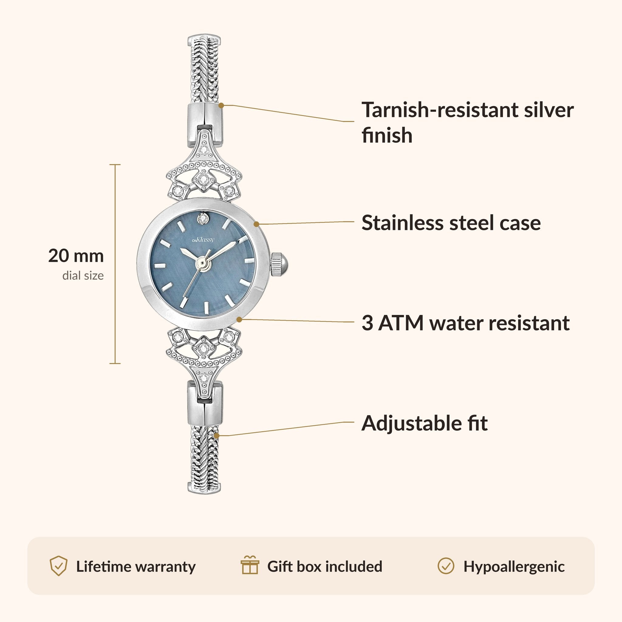 OhKlassy Anastasia Silver women's vintage-inspired watch, size and features infographic