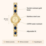 OhKlassy Anika Gold women's vintage-inspired watch, size and features infographic