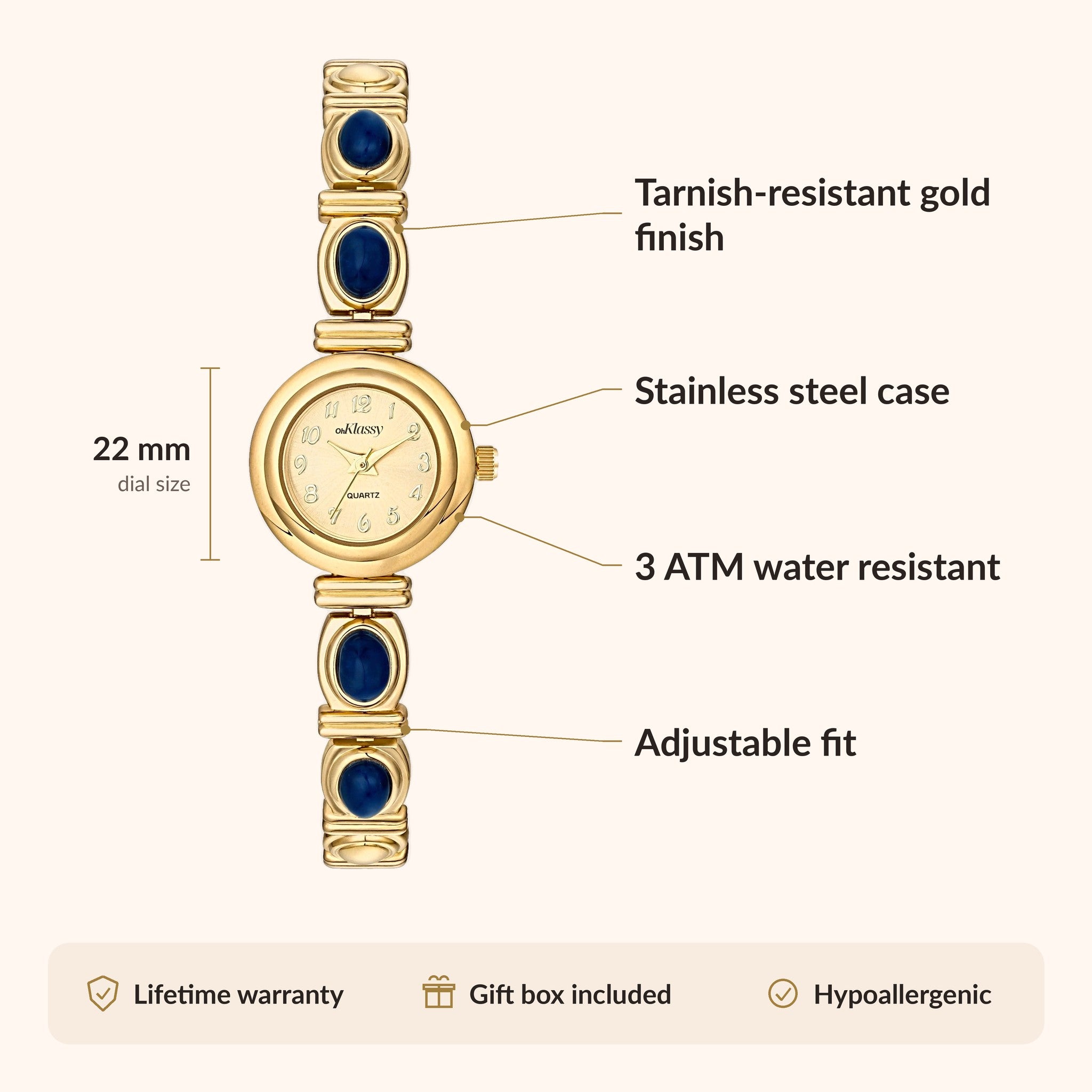 OhKlassy Anika Gold women's vintage-inspired watch, size and features infographic