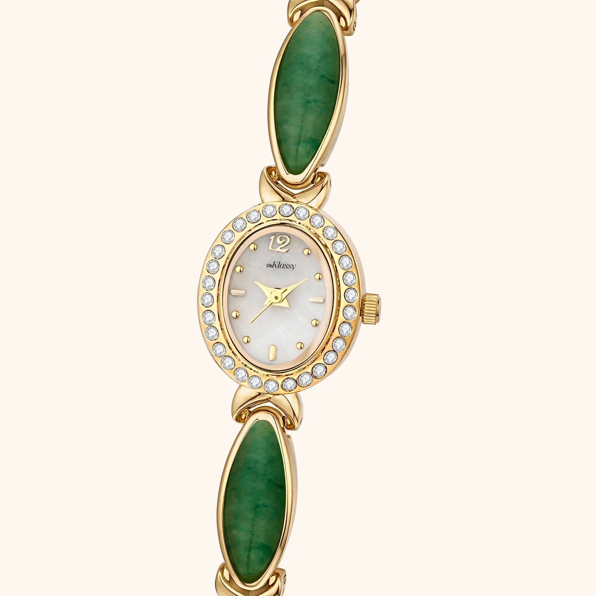 OhKlassy Anna Gold Green women's vintage-inspired watch, dial close-up