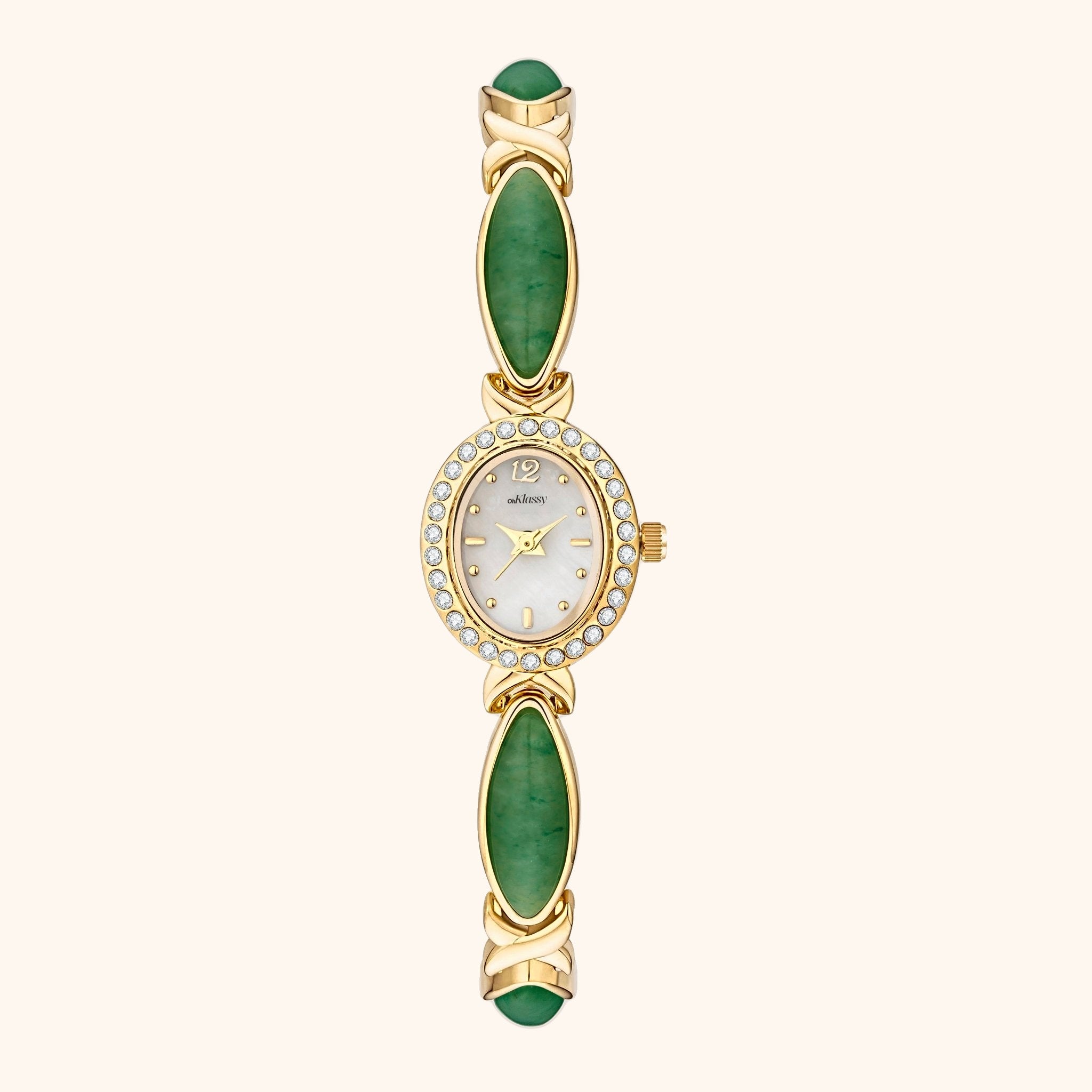 OhKlassy Anna Gold Green women's vintage-inspired watch, front view