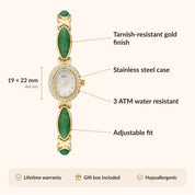 OhKlassy Anna Gold Green women's vintage-inspired watch, size and features infographic