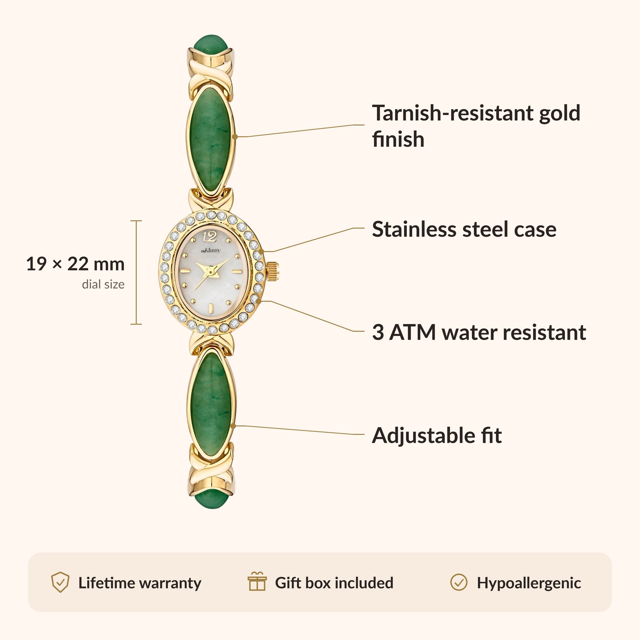 OhKlassy Anna Gold Green women's vintage-inspired watch, size and features infographic