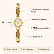 OhKlassy Anna Gold women's vintage-inspired watch, size and features infographic
