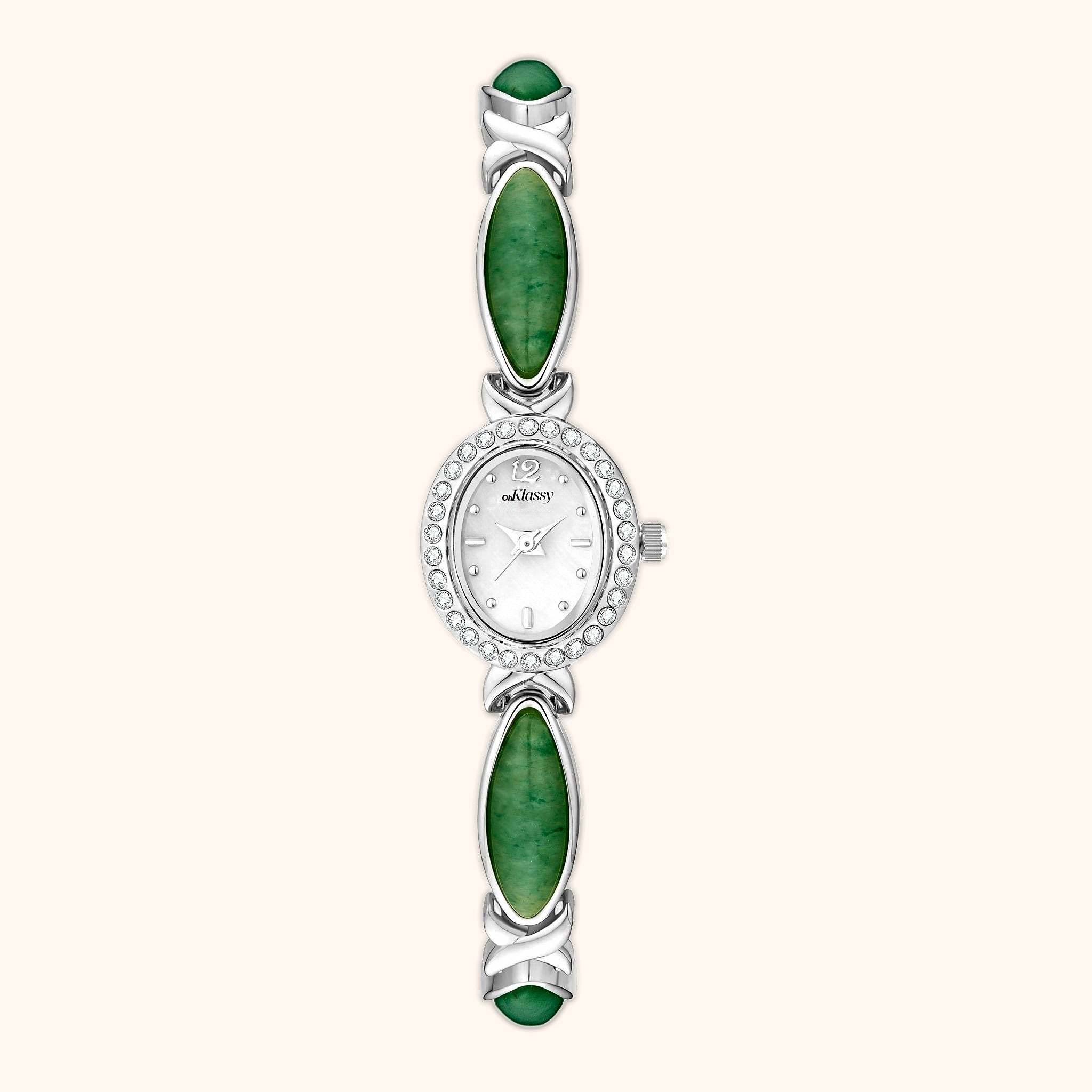OhKlassy Anna Silver Green women's vintage-inspired watch, front view
