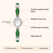 OhKlassy Anna Silver Green women's vintage-inspired watch, size and features infographic