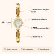 OhKlassy Anna White Gold women's vintage-inspired watch, size and features infographic
