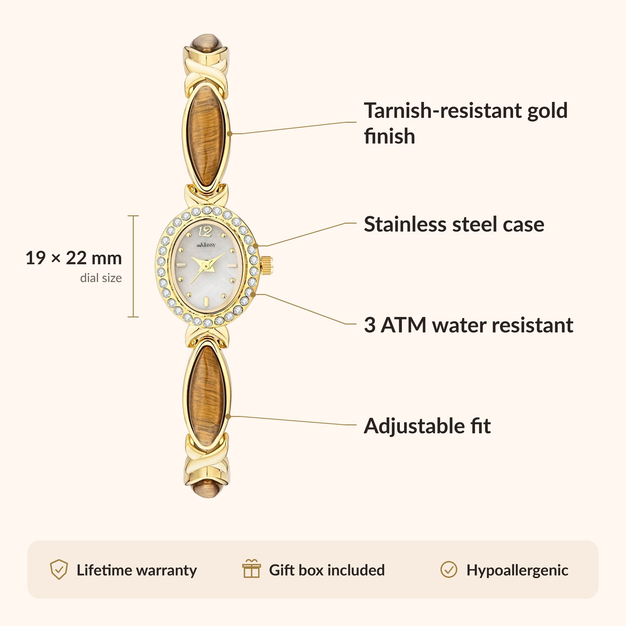 OhKlassy Anna White Gold women's vintage-inspired watch, size and features infographic