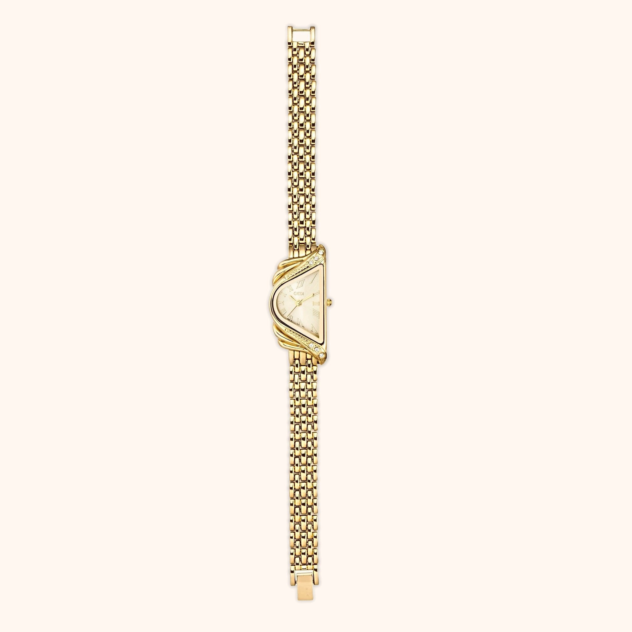 Orologio da donna OhKlassy Aurelia Gold in stile vintage, con dettagli su bracciale e chiusura