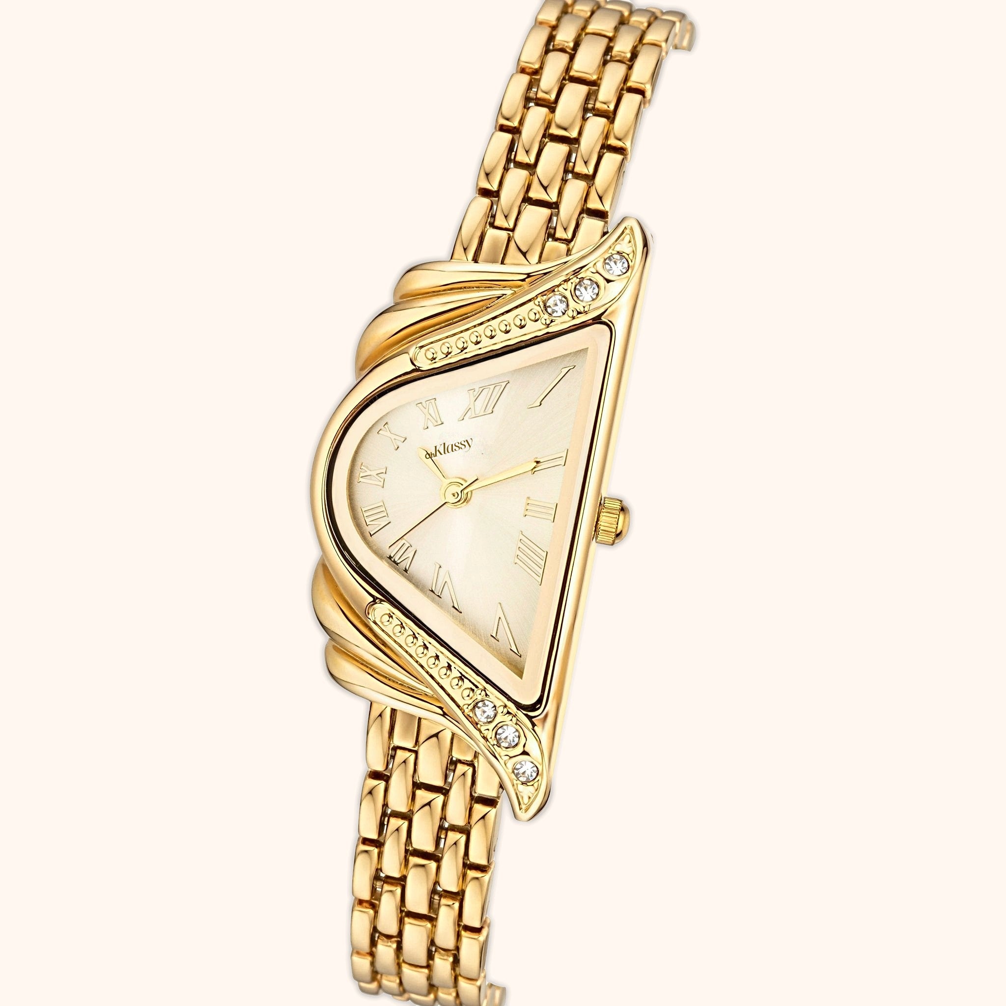 Orologio da donna OhKlassy Aurelia Gold in stile vintage, primo piano del quadrante