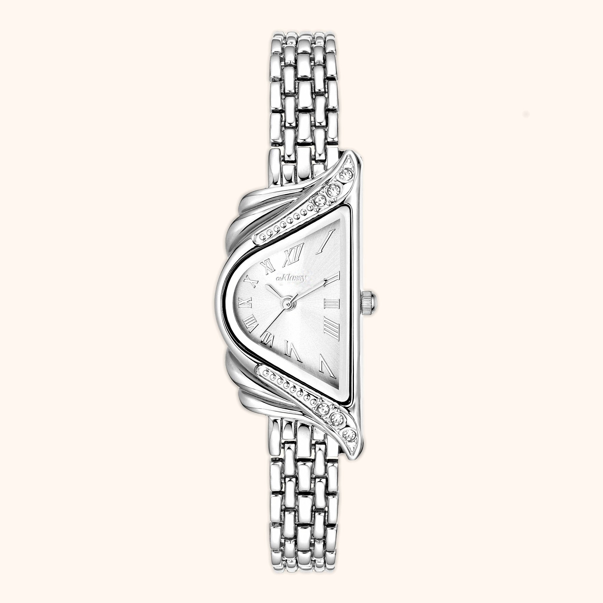 Orologio da donna OhKlassy Aurelia Silver in stile vintage, vista frontale