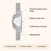 Orologio da donna OhKlassy Aurelia Silver in stile vintage: infografica su dimensioni e caratteristiche