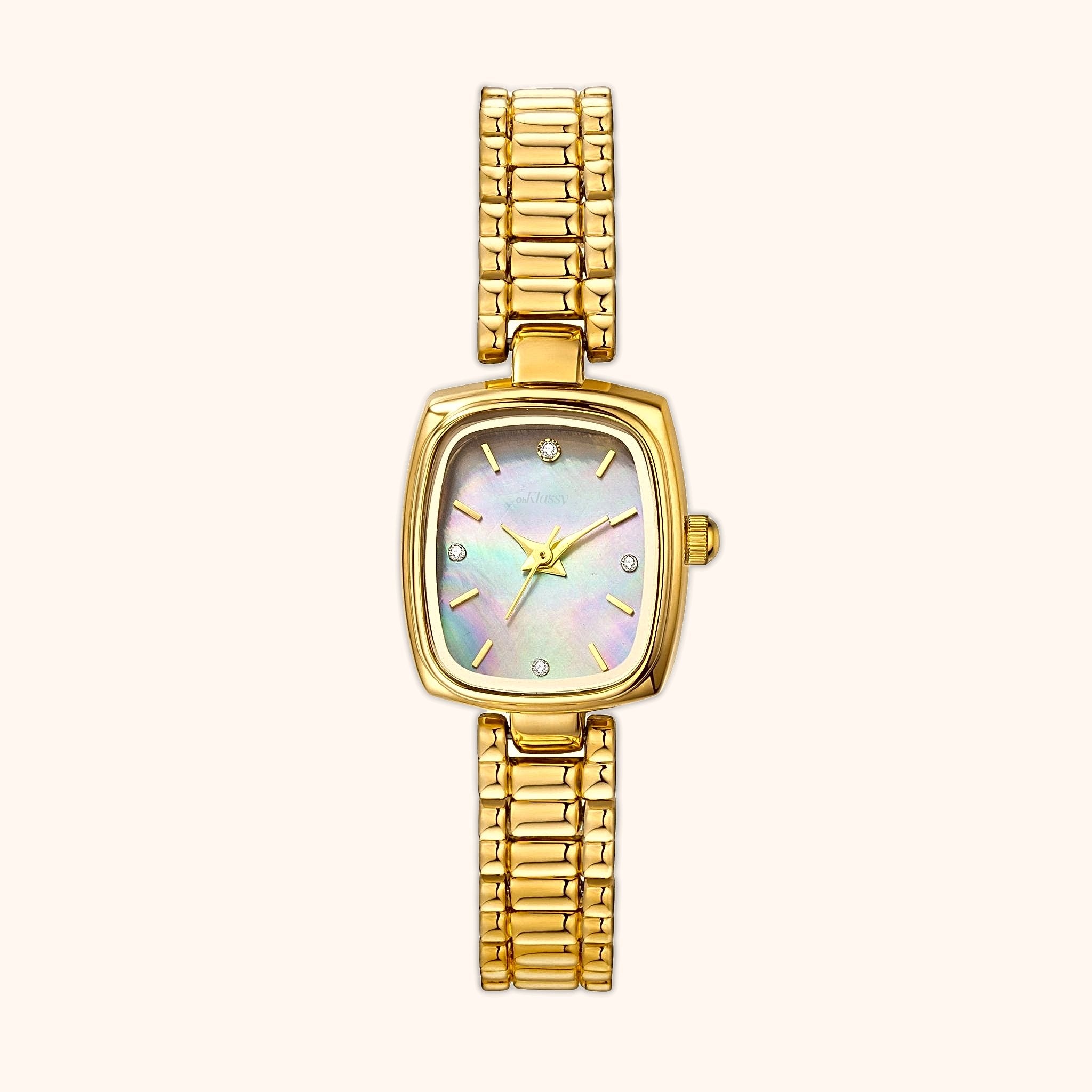 OhKlassy Aurora Gold Pearl women's vintage-inspired watch, front view