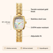 OhKlassy Aurora Gold Pearl: vintage-geïnspireerd dameshorloge – infographic met afmetingen en kenmerken
