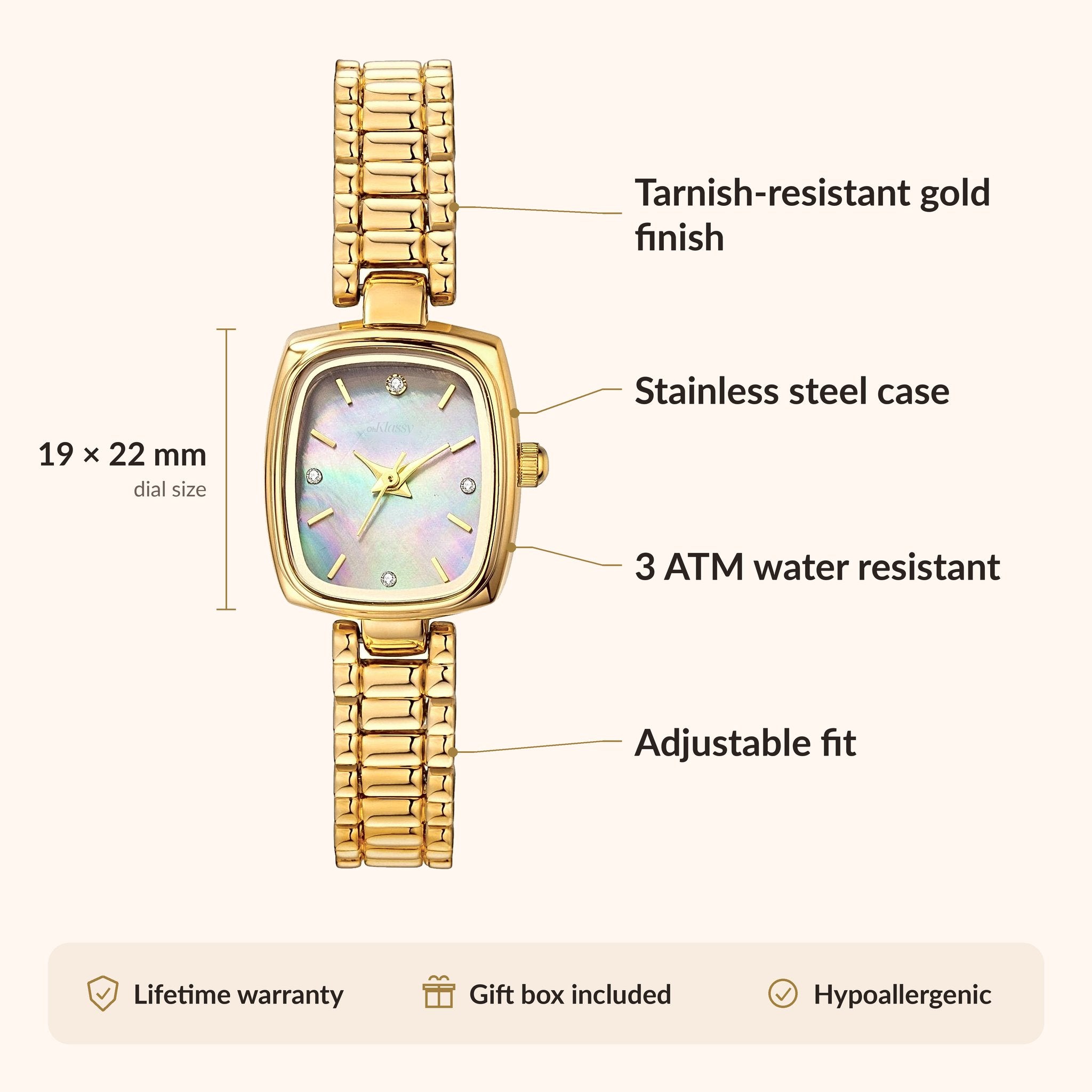 OhKlassy Aurora Gold Pearl: vintage-geïnspireerd dameshorloge – infographic met afmetingen en kenmerken