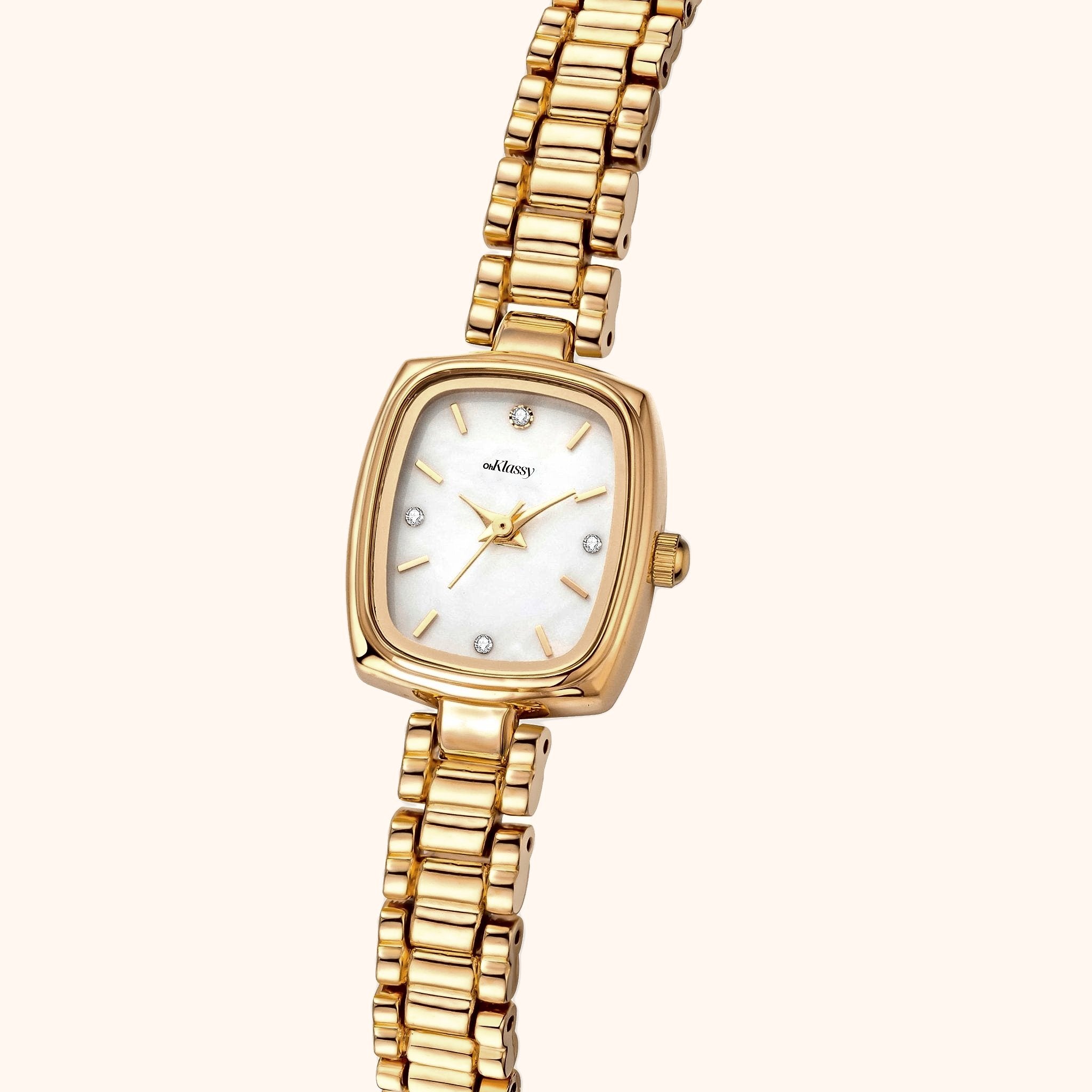 Orologio da donna OhKlassy Aurora Gold in stile vintage, vista laterale obliqua