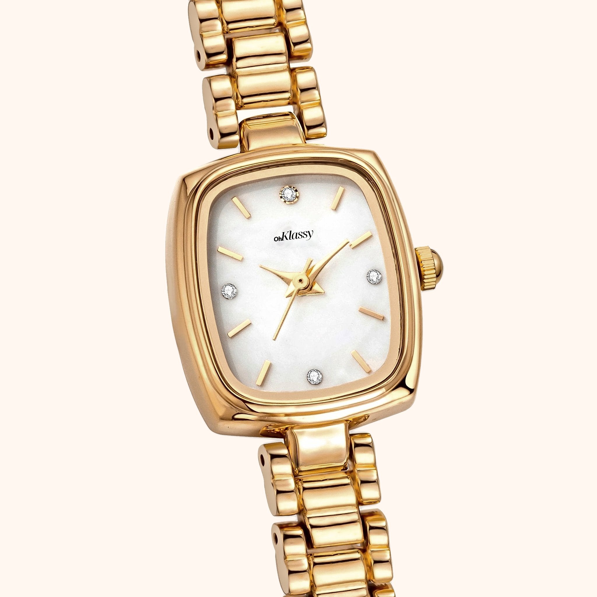 Orologio da donna OhKlassy Aurora Gold in stile vintage, primo piano del quadrante