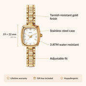 Orologio da donna OhKlassy Aurora Gold in stile vintage: infografica su dimensioni e caratteristiche