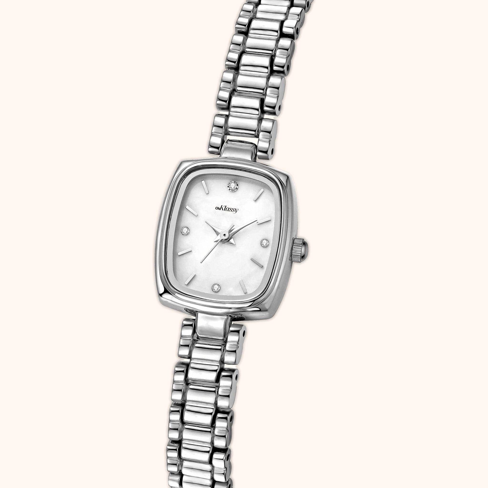 OhKlassy Aurora Silver women's vintage-inspired watch, angled side view