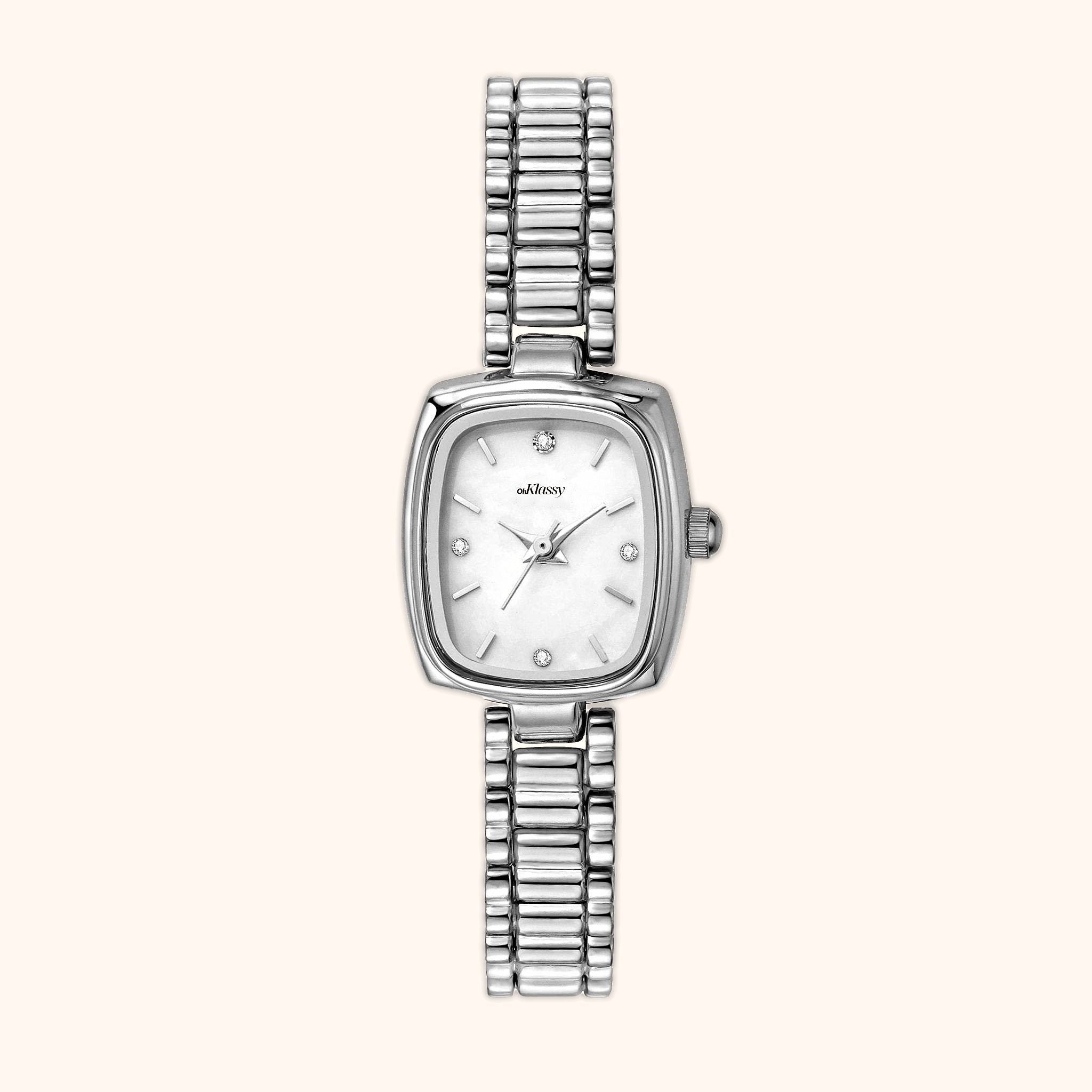 OhKlassy Aurora Silver women's vintage-inspired watch, front view