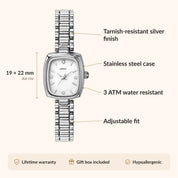 OhKlassy Aurora Silver women's vintage-inspired watch, size and features infographic