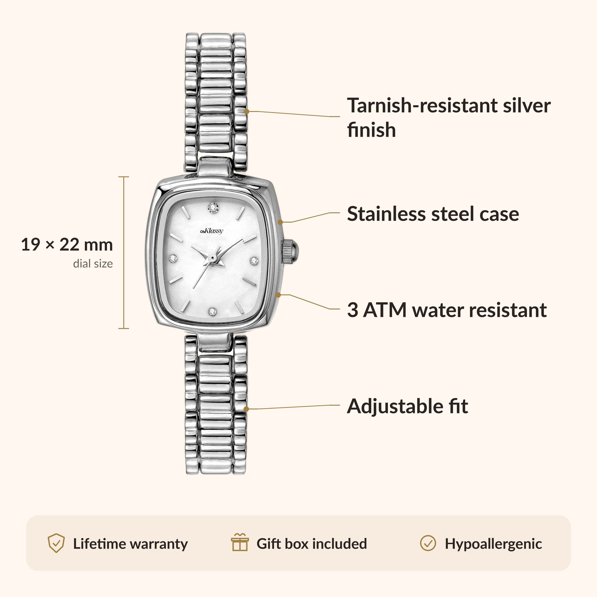 OhKlassy Aurora Silver women's vintage-inspired watch, size and features infographic