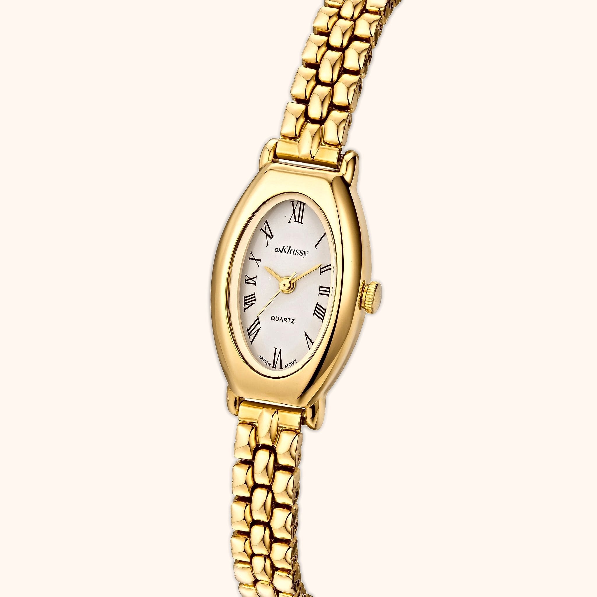 OhKlassy Beatrice Gold women's vintage-inspired watch, angled side view