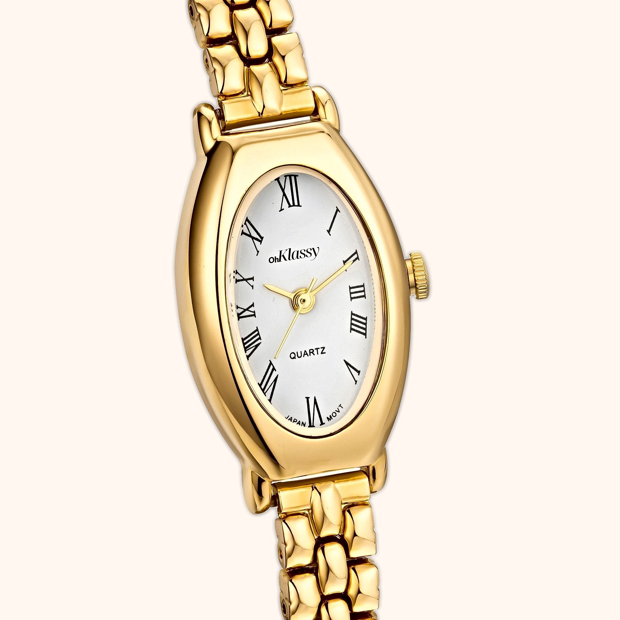 OhKlassy Beatrice Gold women's vintage-inspired watch, dial close-up