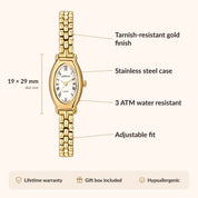 OhKlassy Beatrice Gold women's vintage-inspired watch, size and features infographic
