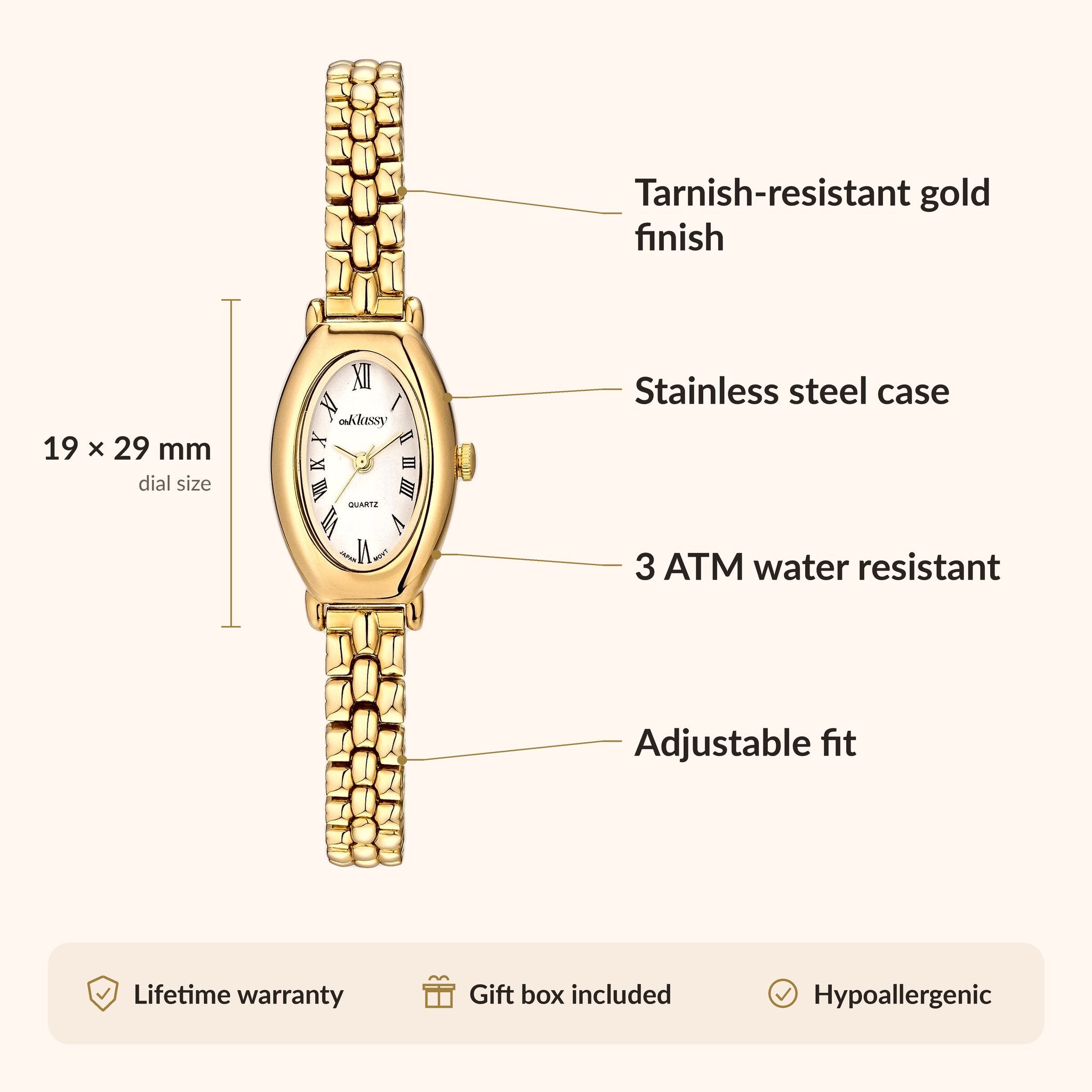 OhKlassy Beatrice Gold women's vintage-inspired watch, size and features infographic