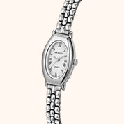 OhKlassy Beatrice Silver women's vintage-inspired watch, angled side view