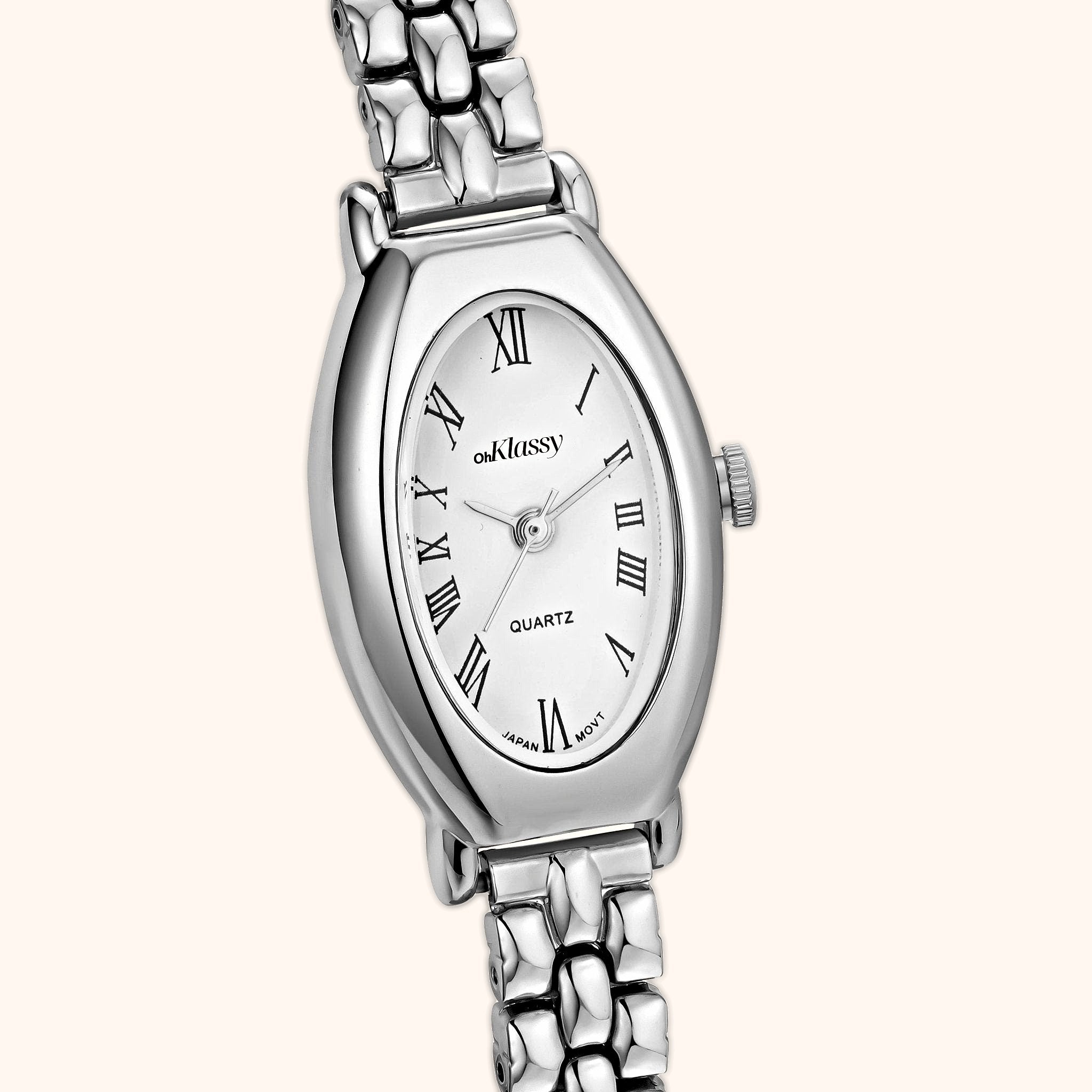OhKlassy Beatrice Silver women's vintage-inspired watch, dial close-up