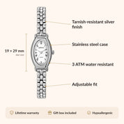 OhKlassy Beatrice Silver women's vintage-inspired watch, size and features infographic