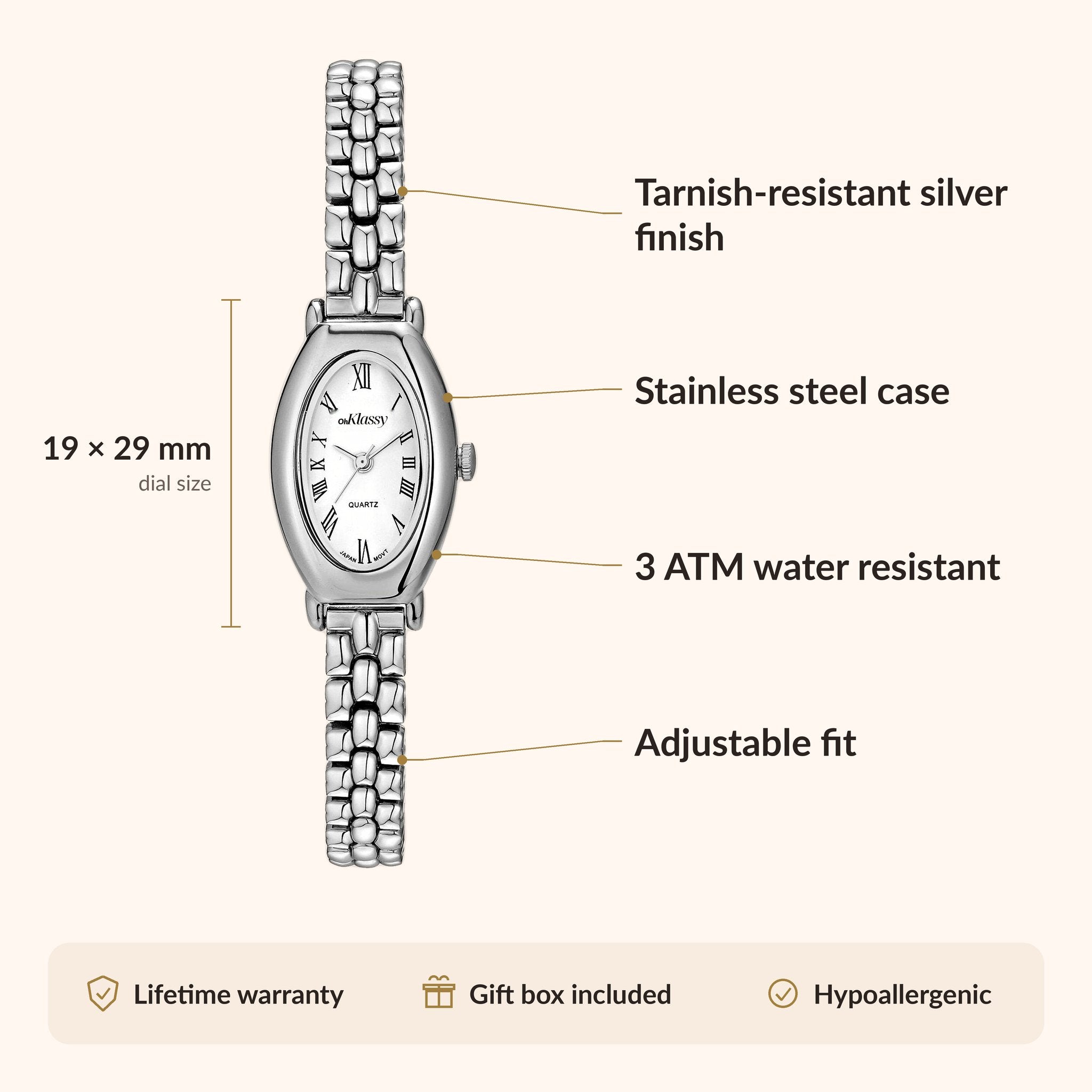 OhKlassy Beatrice Silver women's vintage-inspired watch, size and features infographic