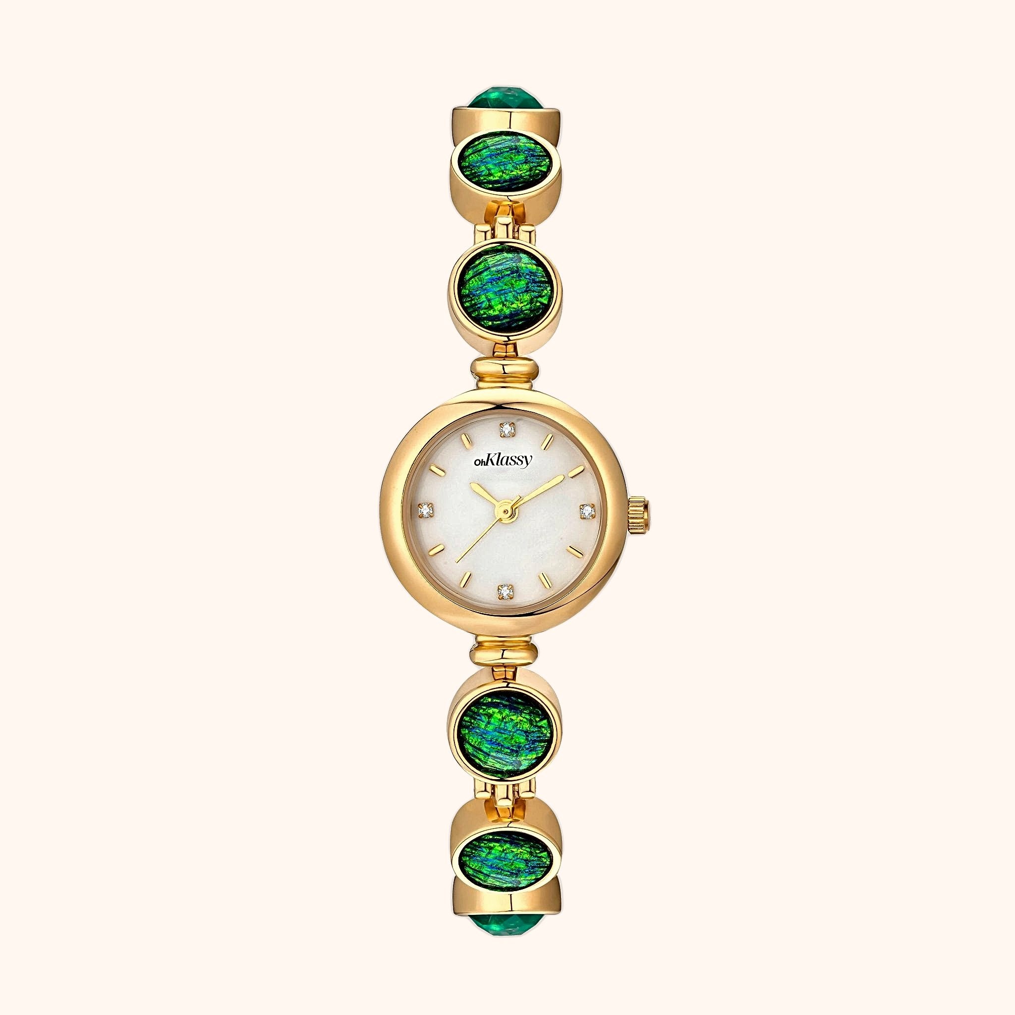 OhKlassy Calypso Gold women's vintage-inspired watch, front view