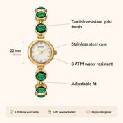 OhKlassy Calypso Gold women's vintage-inspired watch, size and features infographic