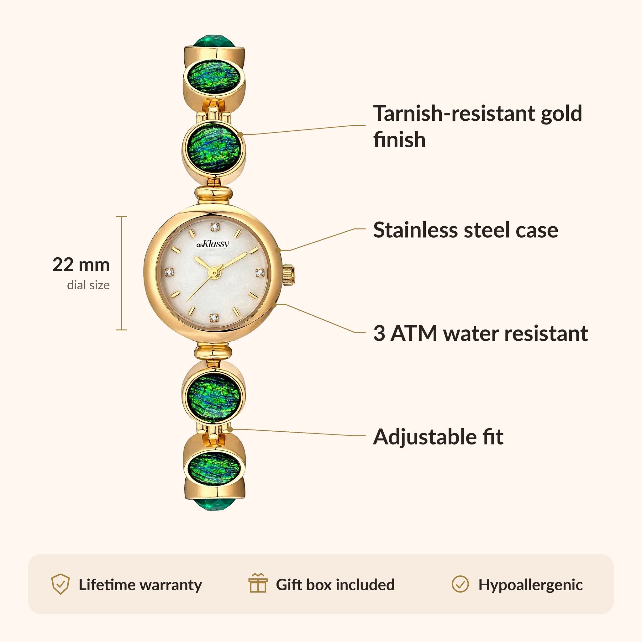 OhKlassy Calypso Gold women's vintage-inspired watch, size and features infographic