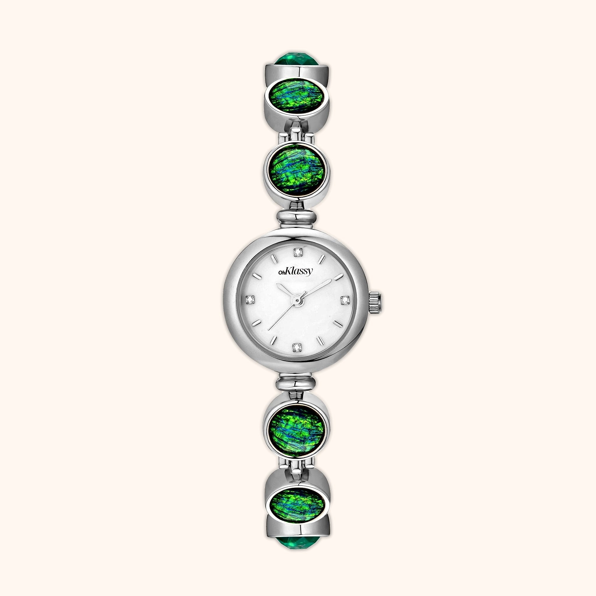 OhKlassy Calypso Silver women's vintage-inspired watch, front view
